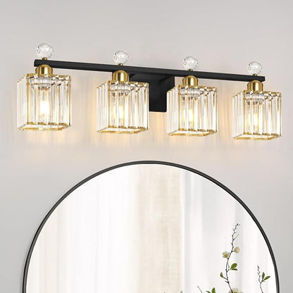 Lxybcce Bathroom Vanity Lights Over Mirror - Easy Installation with Clear Guide, 4-Light Shadow-Free Design, Black and Gold Crystal Finish - for Modern Home Bathroom Lighting Fixtures in DIY Projects