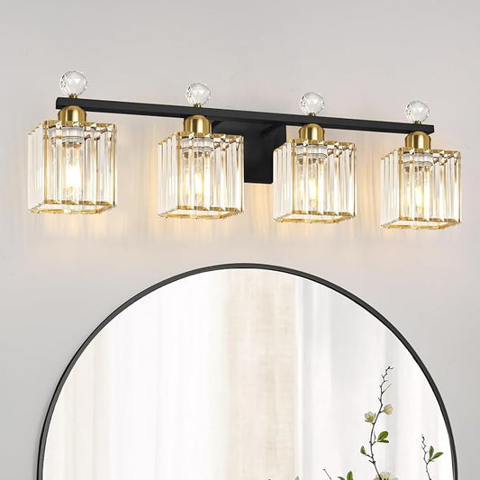Lxybcce Bathroom Vanity Lights Over Mirror - Easy Installation with Clear Guide, 4-Light Shadow-Free Design, Black and Gold Crystal Finish - for Modern Home Bathroom Lighting Fixtures in DIY Projects