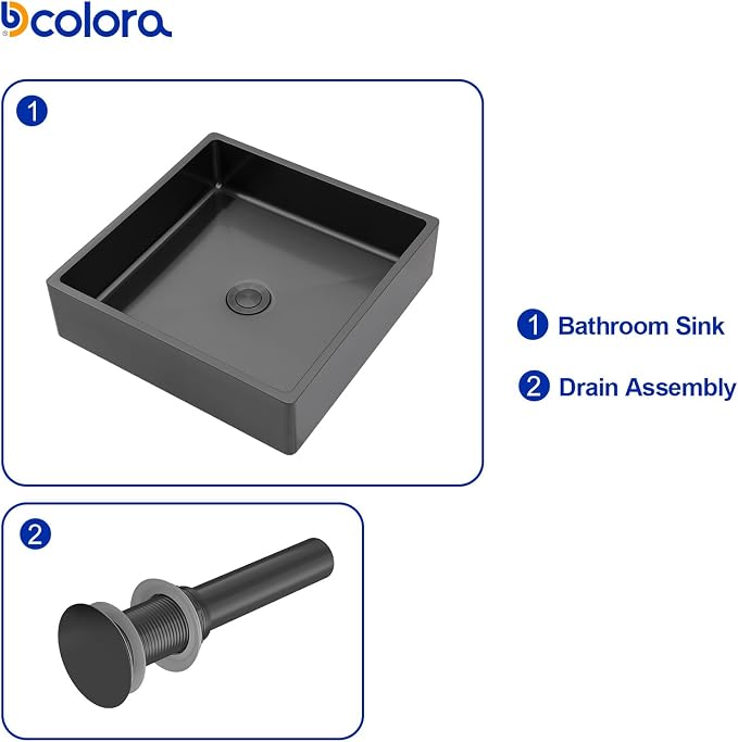 Dcolora 15 In. Black Drop In Bathroom Vessel Sink, 16 Gauge Stainless Steel Vanity Sink with Drain Assembly, R10 Rounded Corners,15”D x 15”W x 4”H #DC-VS261201