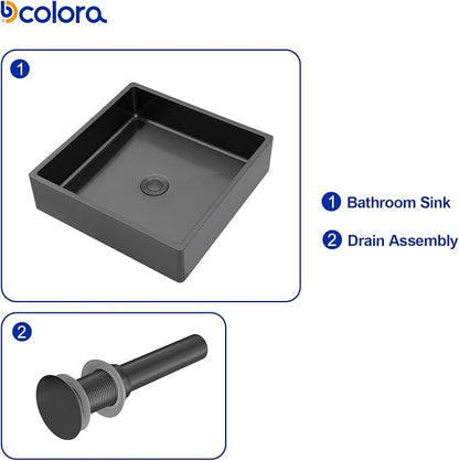 Dcolora 15 In. Black Drop In Bathroom Vessel Sink, 16 Gauge Stainless Steel Vanity Sink with Drain Assembly, R10 Rounded Corners,15”D x 15”W x 4”H #DC-VS261201