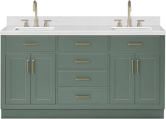 ARIEL Hepburn 66 Inch Double Rectangle Sink Bathroom Vanity with Carrara White Quartz Countertop 1.5 Inch in Vintage Green