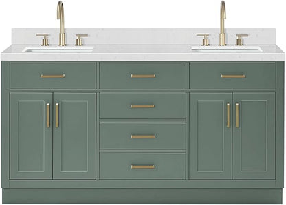ARIEL Hepburn 66 Inch Double Rectangle Sink Bathroom Vanity with Carrara White Quartz Countertop 1.5 Inch in Vintage Green