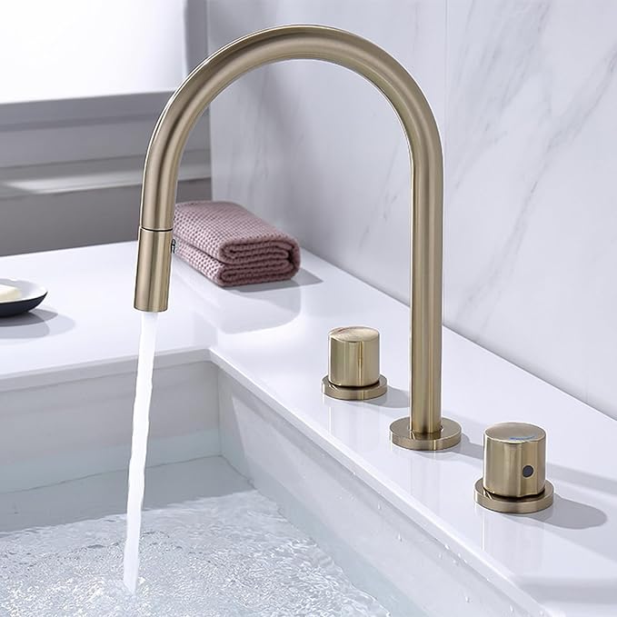 3 Hole Basin Faucets Pull Out Basin Mixer Faucet Dual Mode Bathroom Mixer Faucet Brass-Brushed Gold
