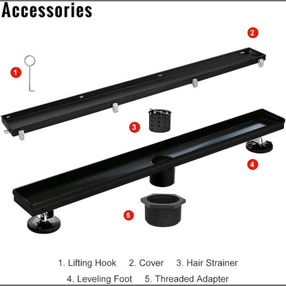 SaniteModar Linear Shower Drain,Black Shower Drain 28 inch with Flat & Tile Insert 2 in 1 Panel, with Hair Strainer and Leveling Feet | AISI 304 Stainless Steel Black Linear Dain Rectangle Shower Floor Drain with Hair Strainer and Leveling Feet