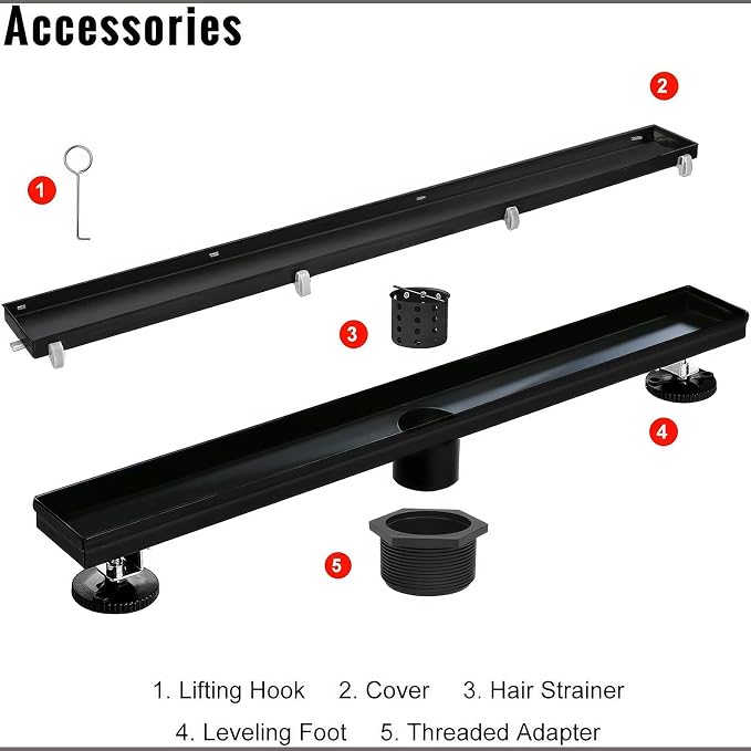SaniteModar Linear Shower Drain 36 inch Matte Black with Tile Insert Panel | AISI 304 Stainless Steel Black Linear Dain Rectangle Shower Floor Drain with Hair Strainer and Leveling Feet