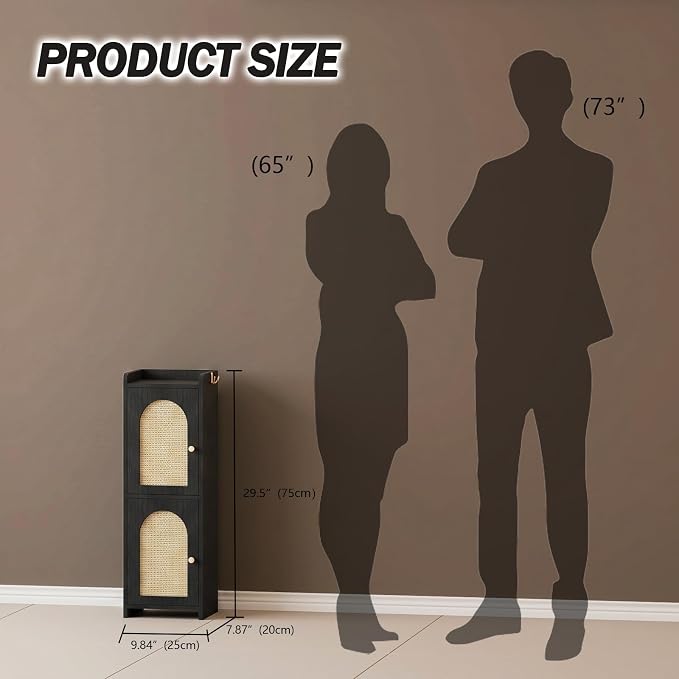 Arbuxzuy Rattan Bathroom Storage Cabinet with 2 Doors and Adjustable Shelf | Black Corner Floor Cabinet, Narrow Toilet Paper Cabinets with 2Hooks,Toilet Organizer for Small Spaces, 7.87"D*9.84"W*29.72"H