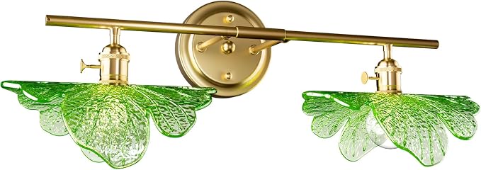 2 Light Vintage Wall Sconces with Glass Shades,Vanity Light,Bathroom Light,Wall Lighting Fixture for Mirror,Home Decor Art Wall Light (Golden+Green, 2-Lights)