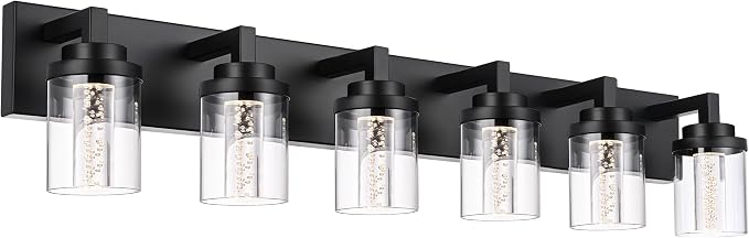 MELUCEE 6-Light Dimmable LED Bathroom Light Fixtures in Black Finish | Modern Bubble Crystal Vanity Lights for Bathroom 5CCT LED Wall Light Fixture with Clear Glass Shade,Built-In Led Chips
