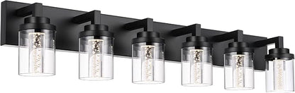 MELUCEE 6-Light Dimmable LED Bathroom Light Fixtures in Black Finish | Modern Bubble Crystal Vanity Lights for Bathroom 5CCT LED Wall Light Fixture with Clear Glass Shade,Built-In Led Chips