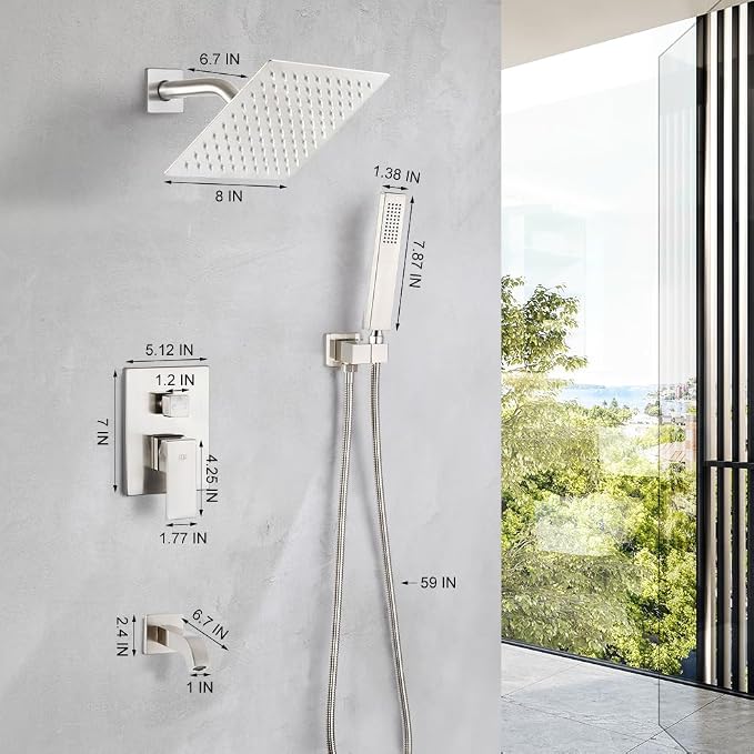Shower Tub Faucet Set Brushed Nickel Bathroom 8 Inch Shower Head System with Tub Spout Wall Mounted Singe Handle Tub and Shower Trim Kit with Valve