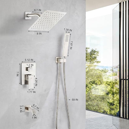 Shower Tub Faucet Set Brushed Nickel Bathroom 8 Inch Shower Head System with Tub Spout Wall Mounted Singe Handle Tub and Shower Trim Kit with Valve