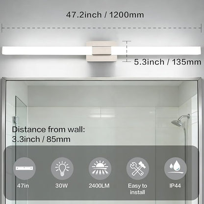 48 Inch Brushed Nickel Bathroom Vanity Light Fixtures Extra Long 28W Modern Vanity Light Bar IP44 for Large Mirror
