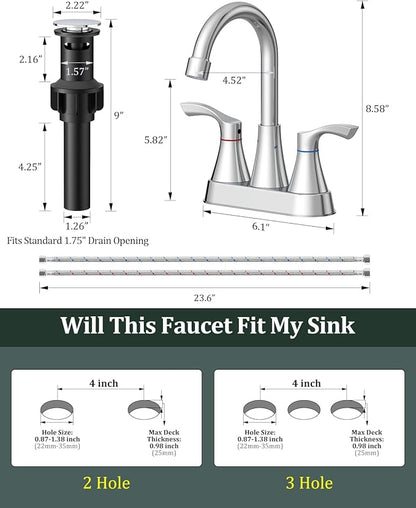 2 Pack Chrome Bathroom Faucet 3 Hole, Evolvegoods 4 Inch Stainless Steel Bathroom Sink Faucet, 2 Handle Centerset Faucet for Bathroom Sink Vanity, with Pop Up Drain and 2 Supply Hoses