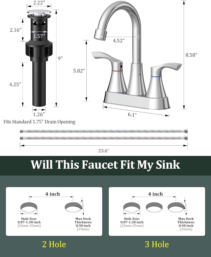 Chrome Bathroom Faucet 3 Hole 4 Inch Bathroom Sink Faucets | Stainless Steel 2 Handle Centerset Faucet for Bathroom Sink Vanity with Pop Up Drain and 4 Supply Hoses by Evolvegoods