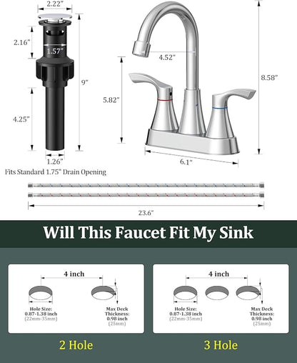 Chrome Bathroom Faucet 3 Hole 4 Inch Bathroom Sink Faucets | Stainless Steel 2 Handle Centerset Faucet for Bathroom Sink Vanity with Pop Up Drain and 4 Supply Hoses by Evolvegoods