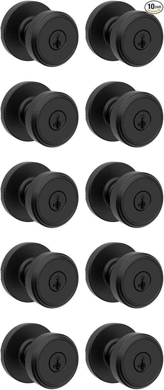 Kwikset Maven Entry Door Knob with Lock and Key, Secure Keyed Handle Exterior, Front Entrance and Bedroom, Matte Black, 10 Pack, Pick Resistant SmartKey Rekey Security and Microban