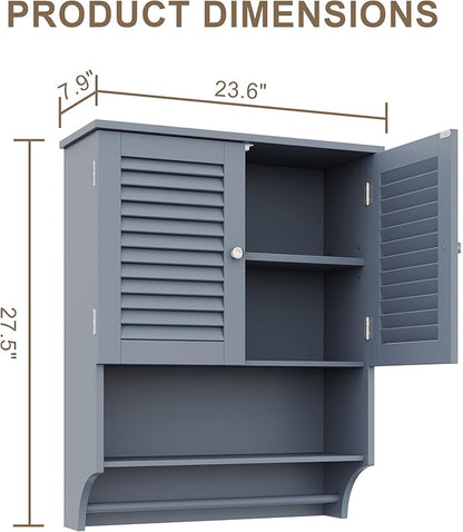 ChooChoo Bathroom Wall Cabinet with Towels Bar, 23.6" L x7.9 W x27.5 H MDF Material Medicine Cabinet, 2 Doors Over The Toilet Space Saver Storage Cabinet with Large Space, Grey