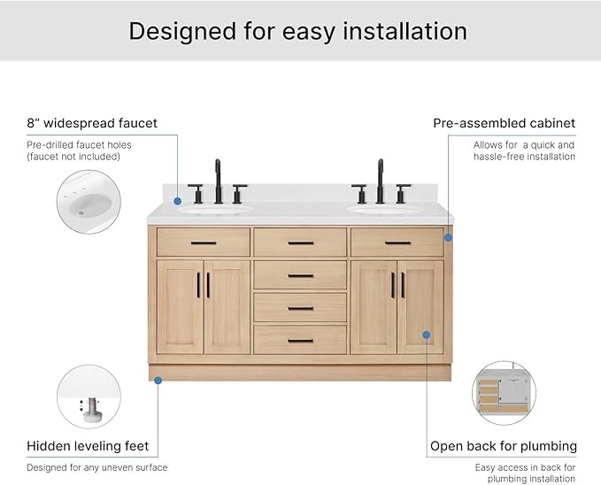 ARIEL Hepburn 66-inch Bathroom Vanity with Sink,Solid Wood, 1.5-inch Pure White Quartz Countertop & Backsplash, Double Oval Porcelain Sink, 4 Soft Closing Doors, 6 Dovetail Drawers, White Oak