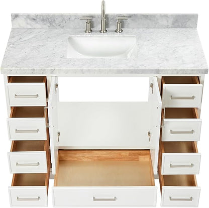 Langford 48-inch White Bathroom Vanity with Center Rectangle Single Sink, Italian Carrara Marble Countertop & Backsplash, Solid Wood Frame, Soft-Closing & Dovetail Drawers