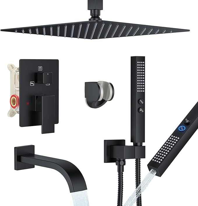Shower System with Tub Spout, Ceiling Mounted Bathtub Shower Faucet Set, 12" Rainfall Shower Head and Handheld Shower Combo, High Pressure Shower Fixtures Set with Rough-in Valve, Matte Black