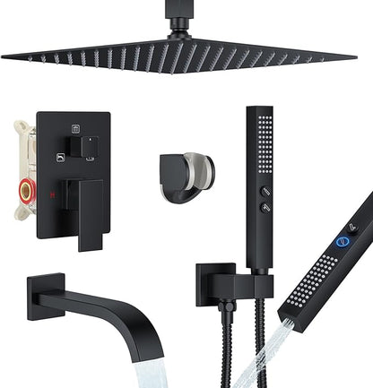 Shower System with Tub Spout, Ceiling Mounted Bathtub Shower Faucet Set, 12" Rainfall Shower Head and Handheld Shower Combo, High Pressure Shower Fixtures Set with Rough-in Valve, Matte Black