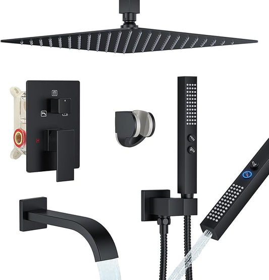 Shower System with Tub Spout, Ceiling Mounted Bathtub Shower Faucet Set, 12" Rainfall Shower Head and Handheld Shower Combo, High Pressure Shower Fixtures Set with Rough-in Valve, Matte Black