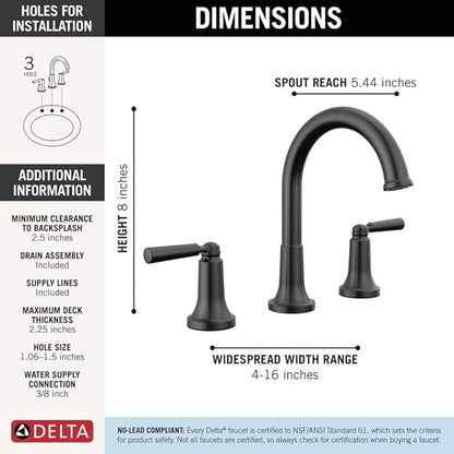 Delta Saylor Matte Black Bathroom Faucet 3 Hole, 8 Inch Widespread Bathroom Sink Faucet for Vanity, Metal Push-Pop Drain Assembly, Matte Black 3535-BLMPU-DST