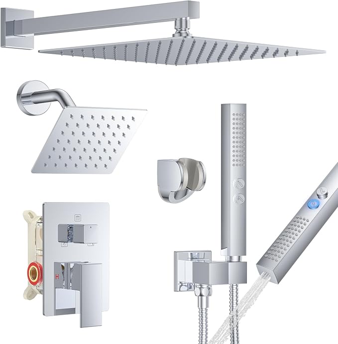 Rain Shower System 12" & 6" Dual Shower Heads, Wall Mount Shower Faucet Set | Ideal for bathroom remodels and upgrades with 12" rain shower, 6" angled shower, handheld spray and complete valve kit.