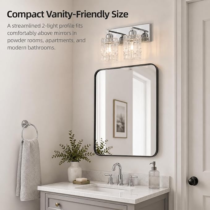 Chrome 2-Light Crystal Bathroom Vanity Light Fixture Over Mirror, Modern Bathroom Wall Light for Living Room, Bedroom, Hallway