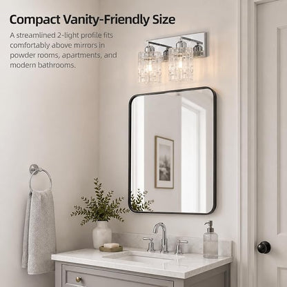 Chrome 2-Light Crystal Bathroom Vanity Light Fixture Over Mirror, Modern Bathroom Wall Light for Living Room, Bedroom, Hallway