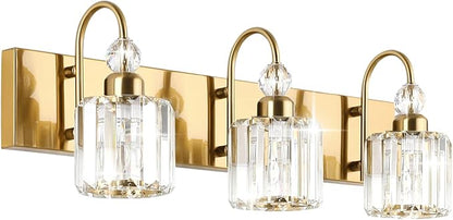 Ralbay Brass Gold Bathroom Vanity Lights 3-Lights Brass Gold Crystal Vanity Lights Over Mirror Modern Crystal Brass Gold Bathroom Vanity Lighting Fixtures