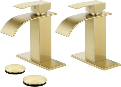Bathroom Faucets Brushed Gold Waterfall Bathroom Sink Faucet 2 Pack | with Pop-up Drain & Deck,Supply Hoses,Single Handle Vanity Faucet,Stainless Steel,1 or 3 Hole,RV,Farmhouse Bathrooms