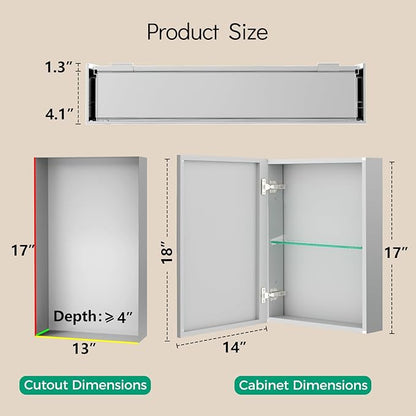 14 x 18 Medicine Cabinet Mirror, Mount or Recessed Bathroom Mirror with Storage, Aluminum Framed Medicine Cabinet with Adjustable Shelves for Bathroom Vanity Modern Farmhouse