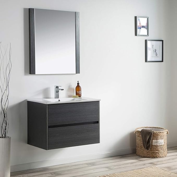 Blossom 30 Inch Bathroom Vanity with Sink - All Wood Floating Vanity Cabinet with Ceramic Sink - 2 Soft-Closing U-Shaped Cutout Drawers - Modern Bathroom Storage Vanities, Silver Grey Finish