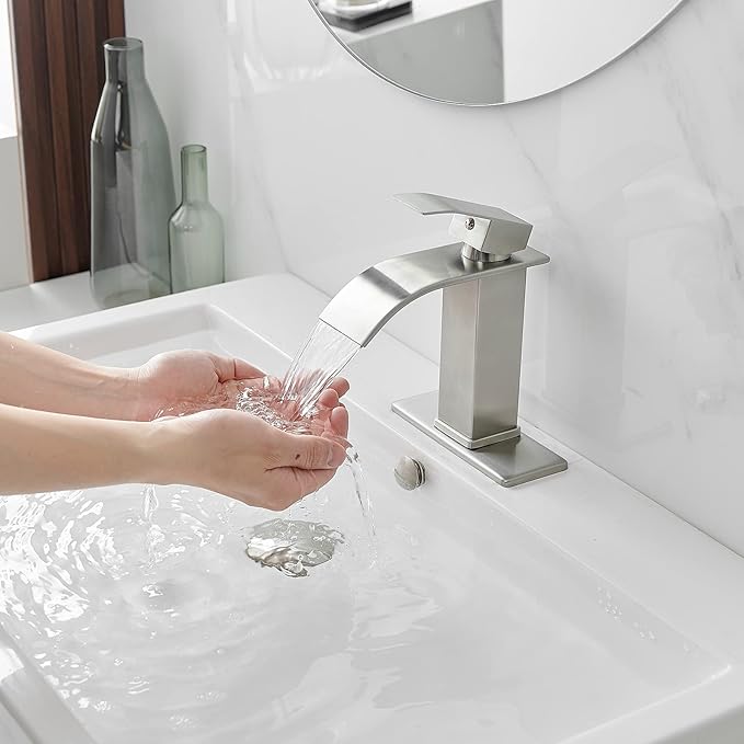 BWE Bathroom Faucet Modern Brushed Nickel Waterfall Single Hole Faucet for Bathroom Sink Single Handle with Pop Up Drain with Overflow Assembly and Supply Line Lavatory Bath Faucet