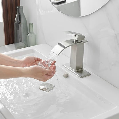 BWE Bathroom Faucet Modern Brushed Nickel Waterfall Single Hole Faucet for Bathroom Sink Single Handle with Pop Up Drain with Overflow Assembly and Supply Line Lavatory Bath Faucet