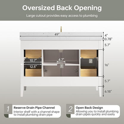 48 Inch Bathroom Vanity with Sink, Fully Assembled Solid Wood Bathroom Vanities with Engineered Stone Top, 48 Inch Modern Vanity, 2 Soft Closing Doors & 4 Dovetail Drawers, White