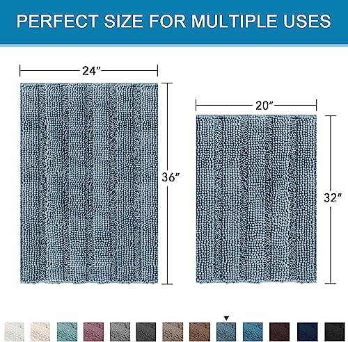 H.VERSAILTEX 2 Piece Bathroom Set - Super Absorbent Chenille Striped Bath Mats - Non Skid, Machine Washable - Stone Blue, 24 x 36 Plus 20 x 32 Inches