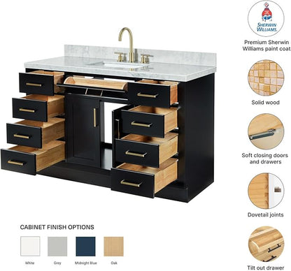 DKB Isabella 54-Inch Black Bathroom Vanity with Sink, 1.5-Inch Carrara White Marble Countertop, 4" Backsplash, Rectangle Sink, Soft-Close Solid Wood Cabinet, Premium Hardware
