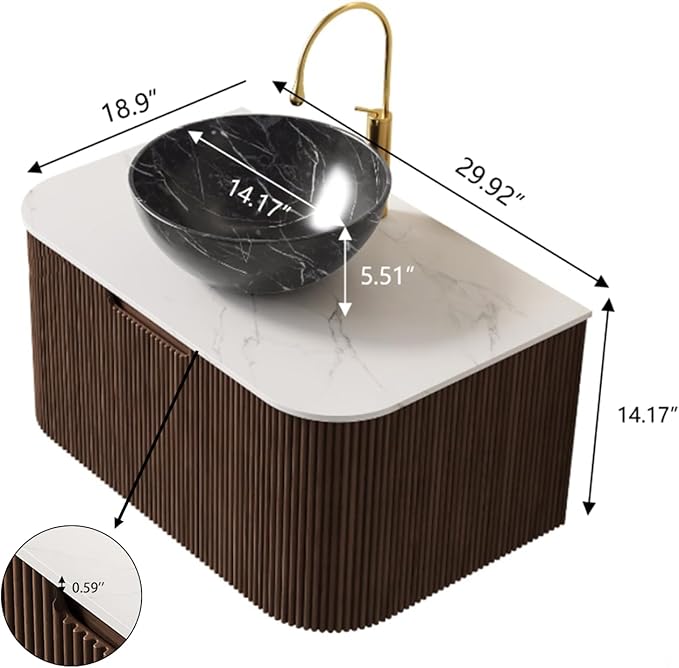 Yayzy 30" Floating Bathroom Vanity with Sink, Solid Wood Fluted Cabinet, White Marble-Patterned Ceramic Basin & Faux Marble Top, Soft-Close Drawer, Pre-Assembled, Walnut Woodgrain