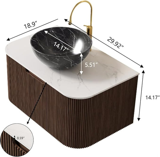 Yayzy 30" Floating Bathroom Vanity with Sink, Solid Wood Fluted Cabinet, White Marble-Patterned Ceramic Basin & Faux Marble Top, Soft-Close Drawer, Pre-Assembled, Walnut Woodgrain