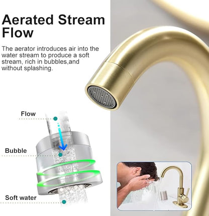 Single Handle Bathroom Sink Faucet 360° Swivel Spout Vanity Faucets with Deck Plate 4 Inch Centerset Gold Bathroom Faucets Brushed Gold Restroom Lavatory Faucet Durable & Safety