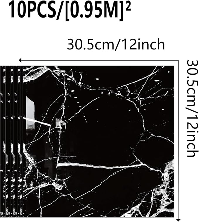 10 Sheets Marble Peel and Stick Backsplash Tile, 12"x12" Waterproof PVC Self Adhesive Tile Shower Wall Panels for Bathroom, Kitchen, Living Room (Black White)