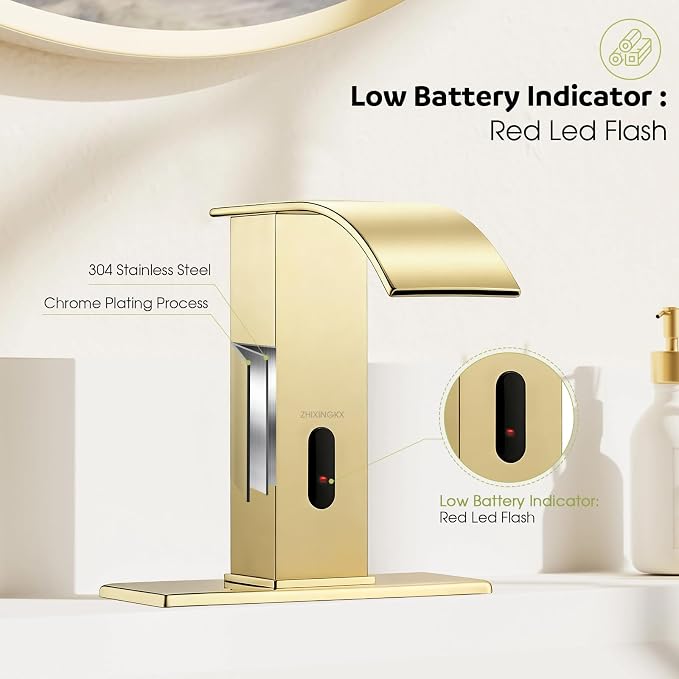 Touchless Bathroom Faucet with Waterfall Spout,Motion Automatic Sensor Bathroom Sink Faucet with Hole Cover Plate, Stainless Steel Hands Free Vanity Faucet(Regular, Gold)