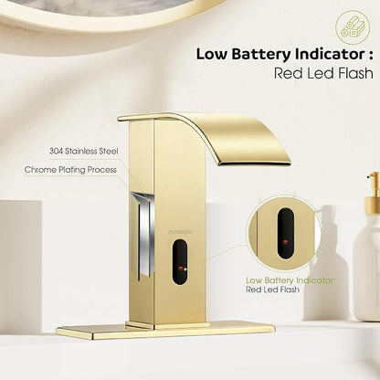 Touchless Bathroom Faucet with Waterfall Spout,Motion Automatic Sensor Bathroom Sink Faucet with Hole Cover Plate, Stainless Steel Hands Free Vanity Faucet(Regular, Gold)