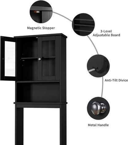Shintenchi Over The Toilet Storage Cabinet, Bathroom Shelf Organizer with Anti-Tip Device Small Freestanding Space Saver with Adjustable Shelf and Glass Door, Black