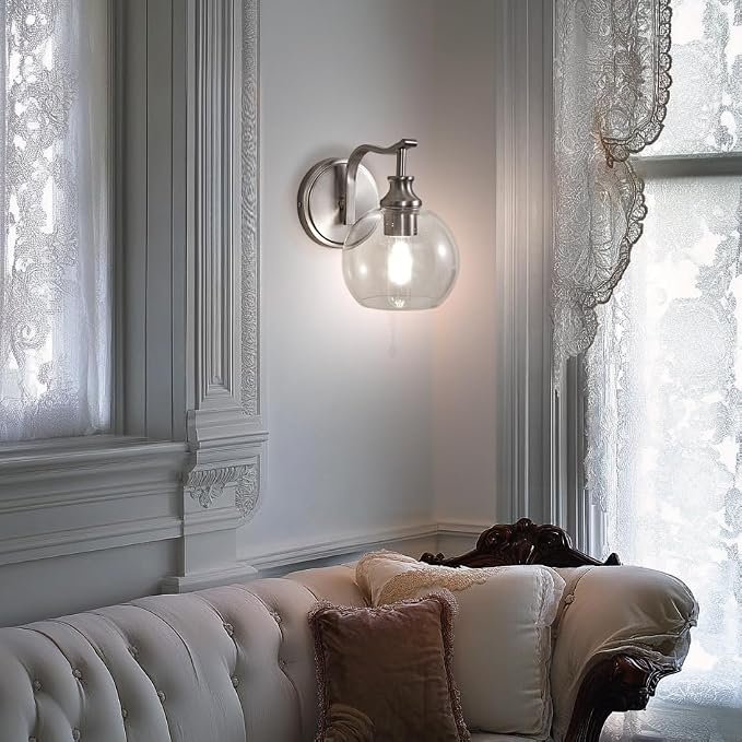 Brushed Nickel Bathroom Light Fixtures, 1-Light Vanity Lights, Modern Bathroom Wall Sconces Lighting with Globe Clear Glass Shade Up or Down Wall Mounted for Kitchen, Living Room, Hallway