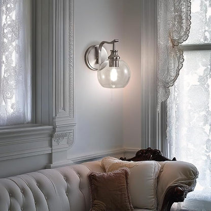 Brushed Nickel Bathroom Light Fixtures, 1-Light Vanity Lights, Modern Bathroom Wall Sconces Lighting with Globe Clear Glass Shade Up or Down Wall Mounted for Kitchen, Living Room, Hallway
