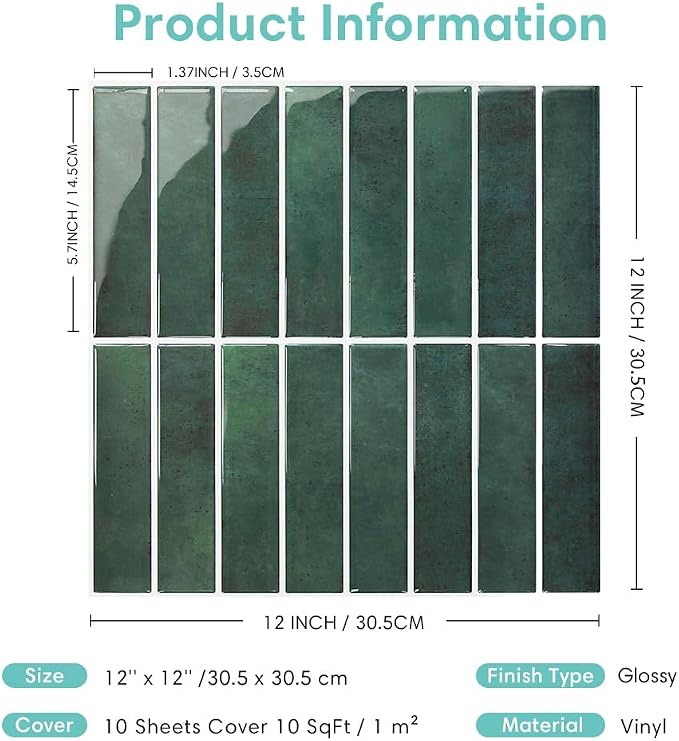Commomy Green Peel and Stick Tile - 10 Pcs of 12'' x 12'' Vertical 3D Peel and Stick Backsplash for Kitchen and Bathroom Interior Wall Tile(Glossy Surface, Covers 10 sq.ft)