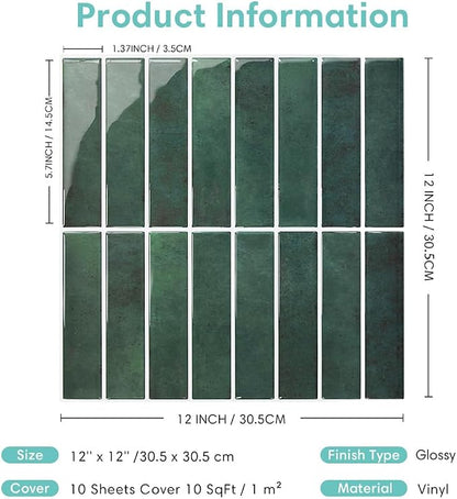 Commomy Green Peel and Stick Tile - 10 Pcs of 12'' x 12'' Vertical 3D Peel and Stick Backsplash for Kitchen and Bathroom Interior Wall Tile(Glossy Surface, Covers 10 sq.ft)